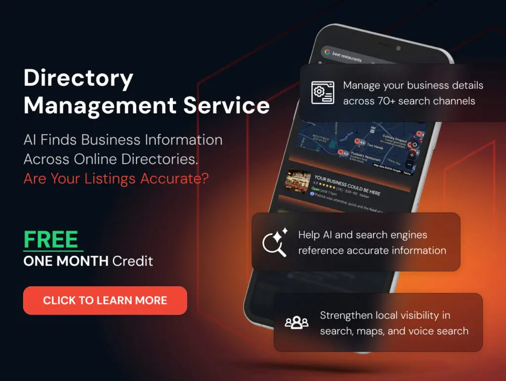Directory Management Service promotion offering one free month of credit. Manage business listings across 70+ search channels to improve local SEO and AI visibility.